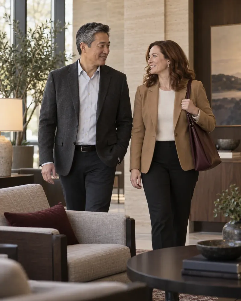 A couple arriving for a financial planning conversation
